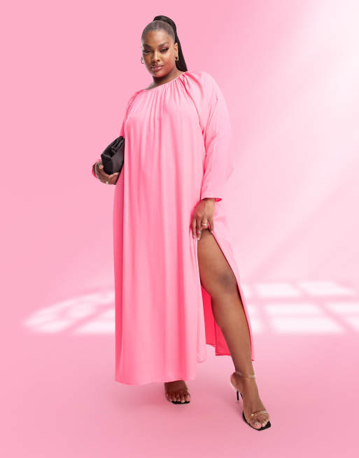 ASOS DESIGN Curve washed satin volume sleeve midaxi dress in fluro pink