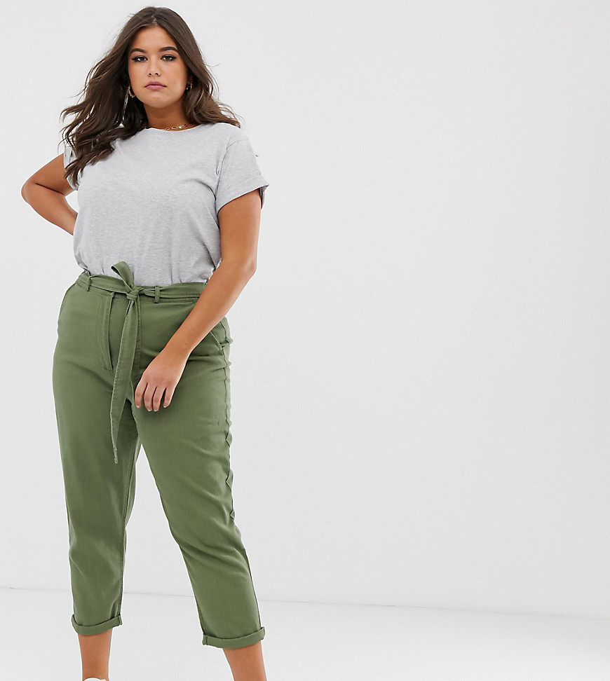 ASOS DESIGN Curve washed soft twill tie waist casual trouser-Green