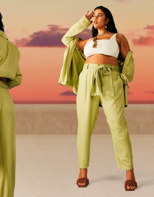 ASOS DESIGN Curve washed tapered linen suit trouser in green