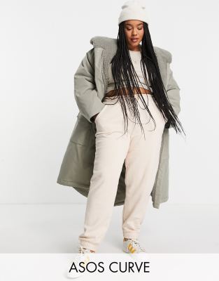 ASOS DESIGN Curve waterfall parka coat in khaki - ASOS Price Checker