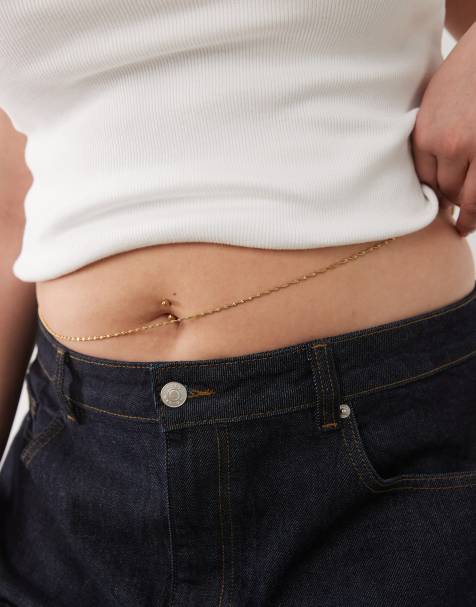 ASOS DESIGN Curve waterproof stainless steel belly chain in gold tone - view 1