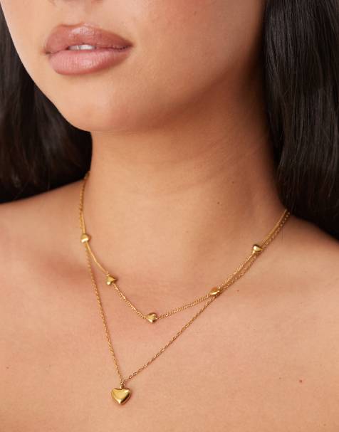 ASOS DESIGN Curve waterproof stainless steel multi-row necklace with heart pendant in gold tone - view 1