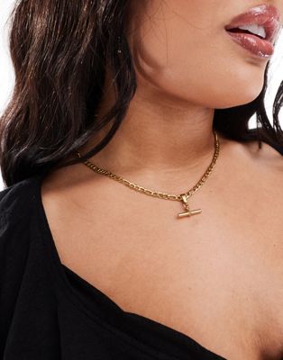 Asos Curve Asos Design Curve Waterproof Stainless Steel Necklace With Figaro Chain And Tbar Design In Gold Tone