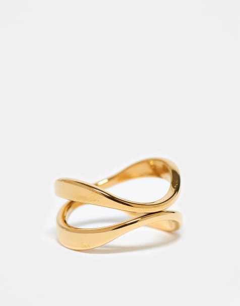 ASOS DESIGN Curve waterproof stainless steel ring with cross-over design in gold tone - view 1