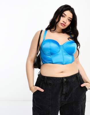 ASOS DESIGN Curve - Wattiertes Satin-Korsett in Blau mit Bügel und abnehmbaren Trägern