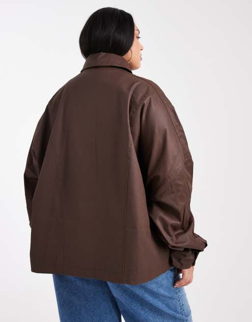 ASOS DESIGN Curve wax harrington jacket in chocolate, 2 of 4