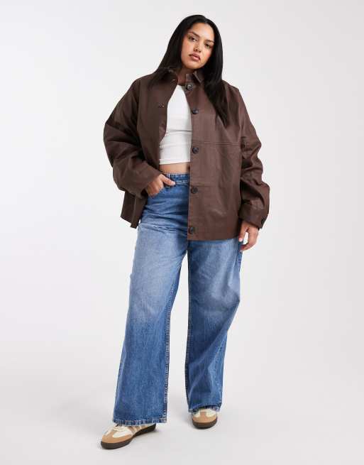 ASOS DESIGN Curve wax harrington jacket in chocolate, 3 of 4