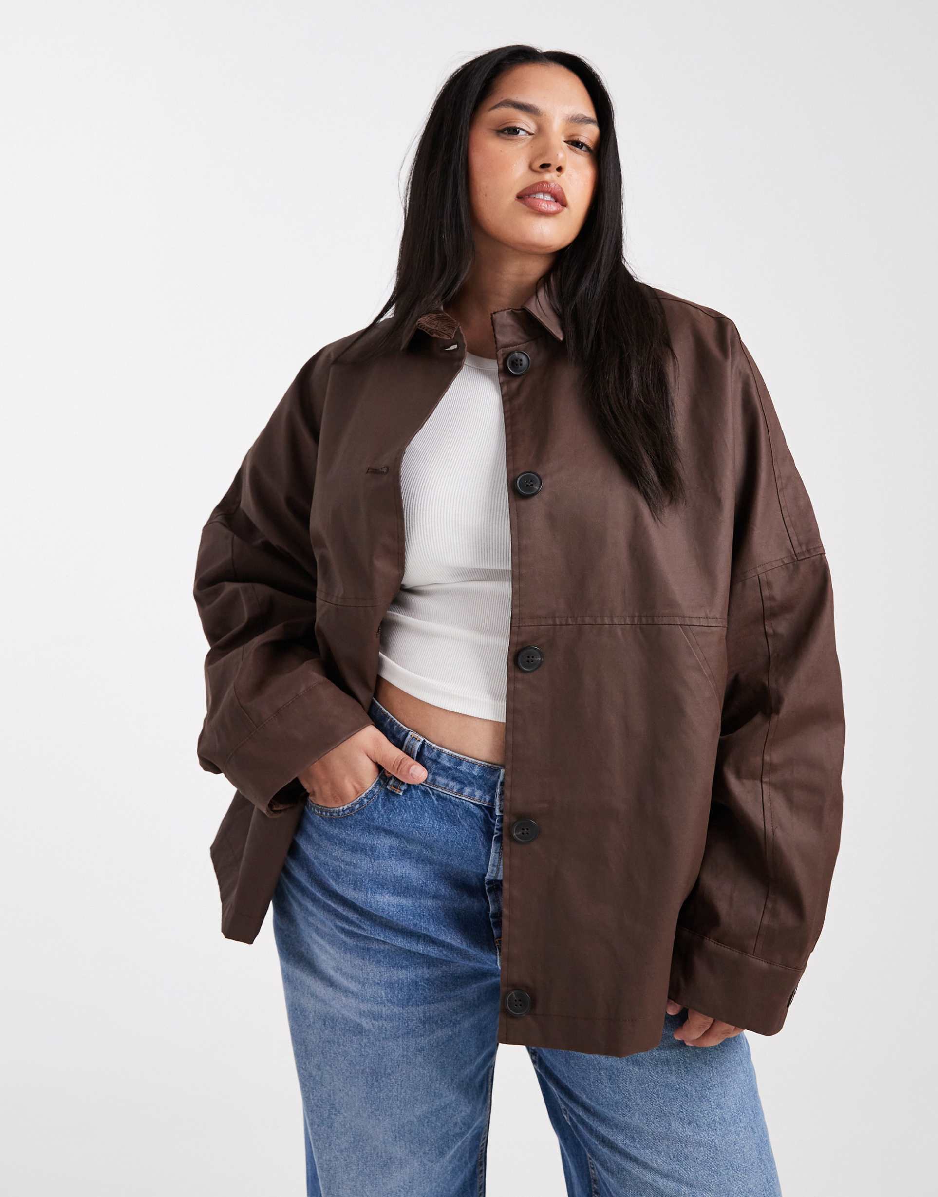 asos design curve waxed harrington jacket in chocolate