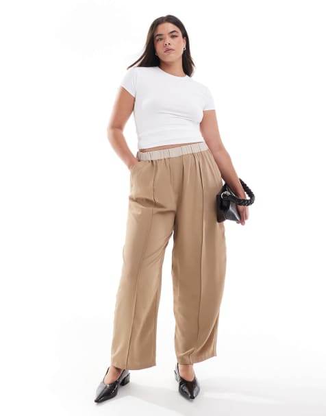 ASOS DESIGN Curve cropped pull on trousers with contrast waist in camel