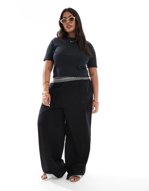 ASOS DESIGN Curve linen blend pull on wide leg trousers with shirred waist detail in black with cream