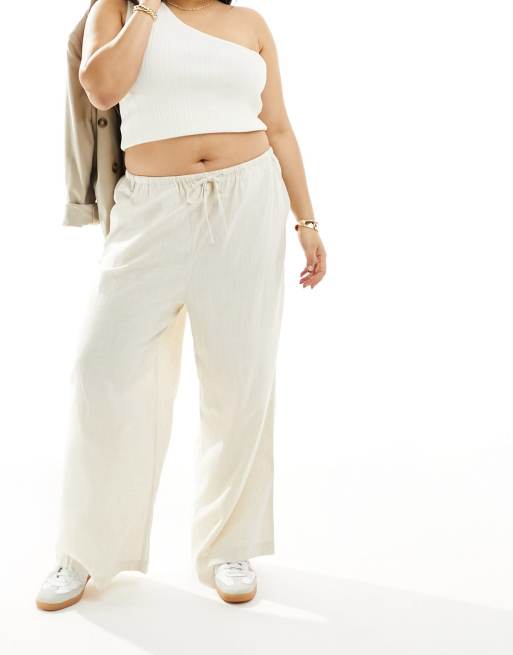 ASOS DESIGN Curve – Wciągane szarobeżowe spodnie z szerokimi nogawkami z dodatkiem lnu