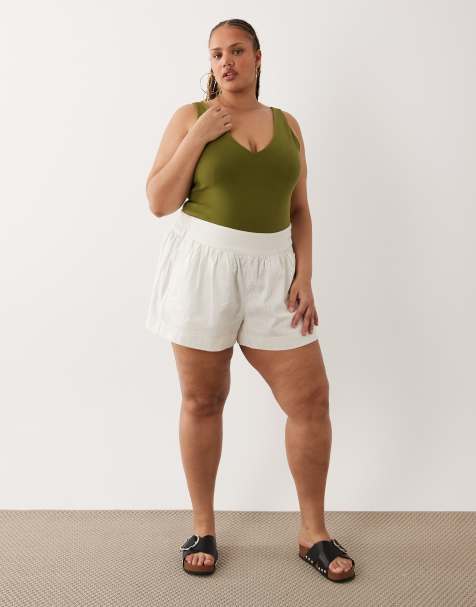 ASOS DESIGN Curve – Wciągane szorty z imitacji lnu w kolorze złamanej bieli - view 1