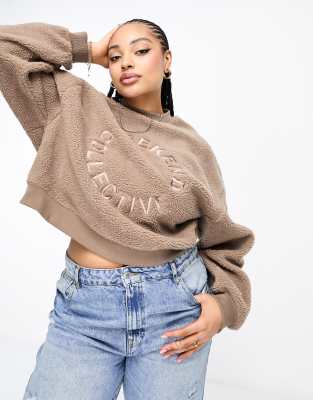 ASOS DESIGN Curve Weekend Collective oversized borg sweatshirt with embroidered logo in taupe