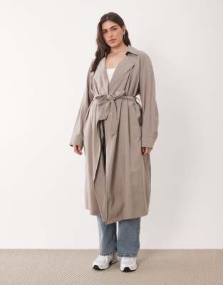 ASOS DESIGN Curve - Weicher Longline-Trenchcoat in Pilzbraun-Grau