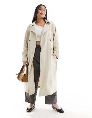 ASOS DESIGN Curve - Weicher Midi-Trenchcoat in Stein-Neutral