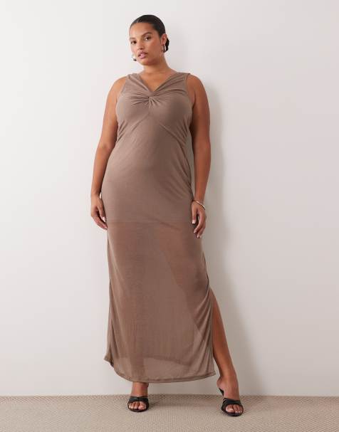 ASOS DESIGN Curve weiches, halbtransparentes Column-Maxikleid mit gedrehtem Brustdetail in Taupe - view 1