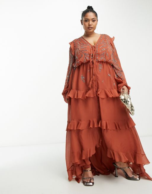 ASOS DESIGN Curve – Weiches Midikleid in Rostbraun mit Knopfleiste vorne und Hängeblumenverzierung