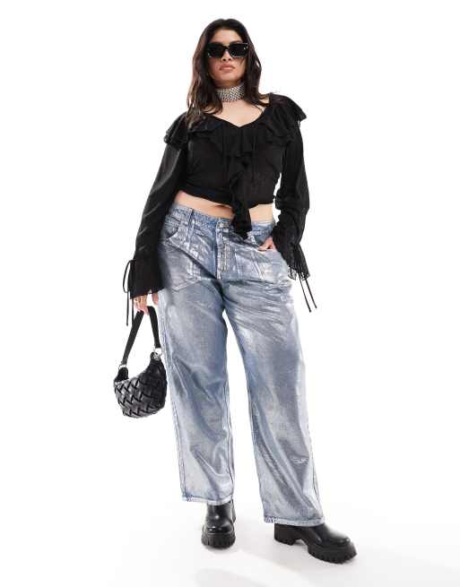 ASOS DESIGN Curve – Weite Jeans in Metallic-Silber