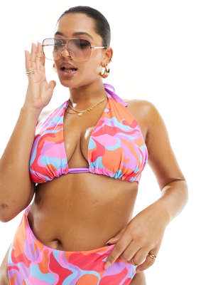 ASOS DESIGN Curve - Wendbares Triangel-Bikinioberteil mit hohem Trägeransatz und abstraktem Muster-Bunt