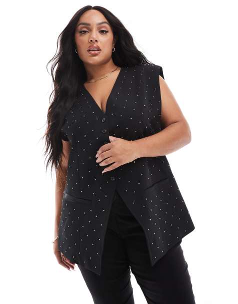 ASOS DESIGN Curve – Weste in Schwarz mit Strassbesatz und akzentuierten Schultern - view 1