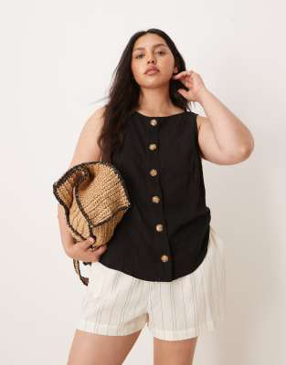 ASOS DESIGN Curve - Weste in schwarzer Leinenoptik mit Knopfleiste vorne