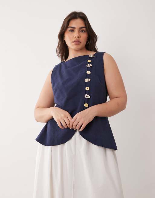 ASOS DESIGN Curve – Westen-Maxikleid in Marineblau und Weiß mit Leinenoptik und Popeline-Rock, 4 von 4