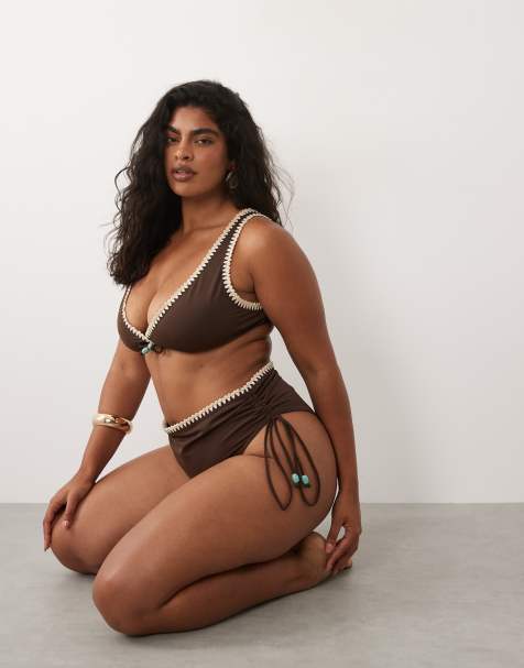 ASOS DESIGN Curve - Whitney Whip - Brune højtaljede bikinitrusser med rynker - view 1
