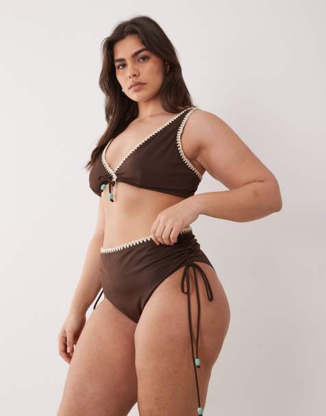 ASOS DESIGN Curve Whitney whip high waist ruched bikini bottom in brown - view 1
