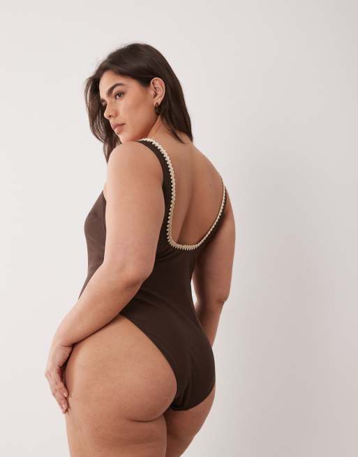 ASOS DESIGN Curve Whitney whip Revenge swimsuit in brown, 3 of 4