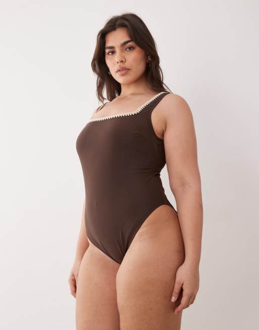 ASOS DESIGN Curve Whitney whip Revenge swimsuit in brown, 4 of 4