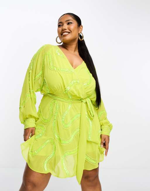 ASOS DESIGN Curve – Wiązana w talii limonkowa sukienka mini w falisty zdobiony wzór