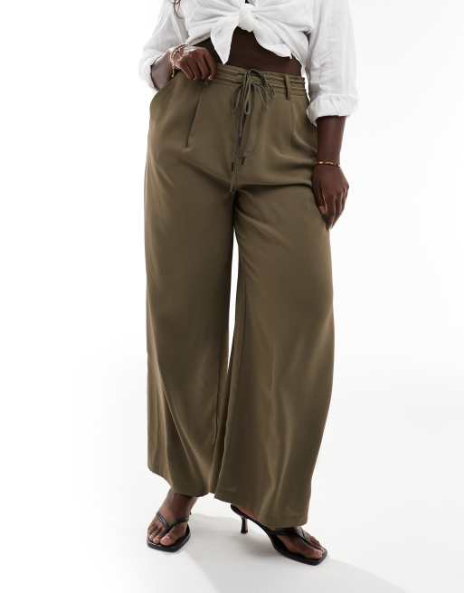 ASOS DESIGN Curve – Wiązane w talii spodnie w kolorze khaki