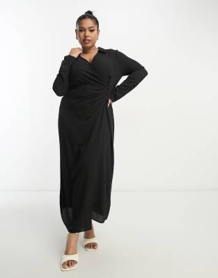 ASOS DESIGN Curve - Wickel-Hemdkleid in Midilänge mit geraffter Knopfleiste vorne in Schwarz