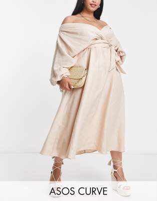 ASOS DESIGN Curve - Wickel-Midikleid aus Leinen in Steingrau mit elastischem Rücken-Detail-Neutral