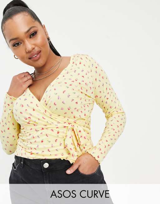 ASOS DESIGN Curve – Wickeloberteil mit Vintage-Blümchenmuster in Gelb