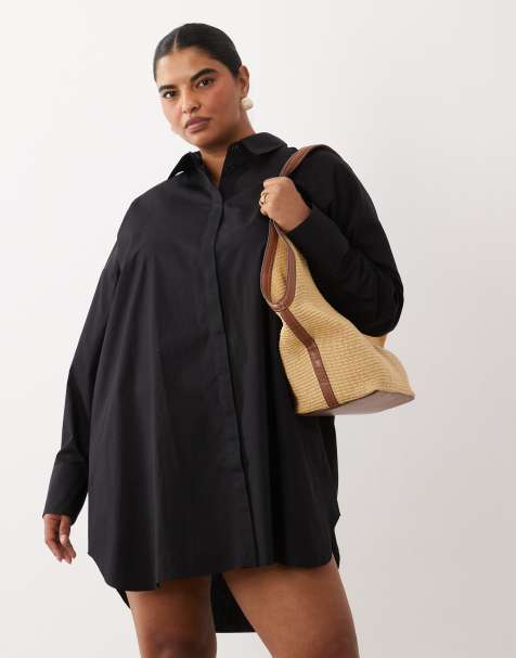 ASOS DESIGN Curve wide cuff mini shirt dress in black - view 1