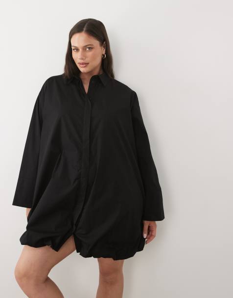 ASOS DESIGN Curve wide cuff shirt mini dress with bubble hem in black - view 1