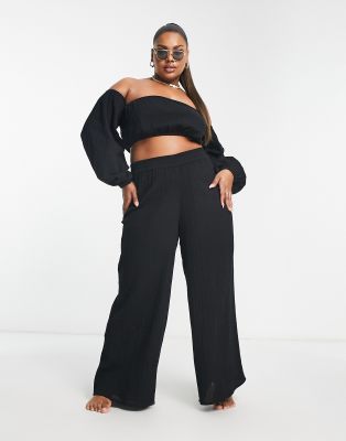 ASOS DESIGN Curve wide leg beach pants in black gauze (part of a set)