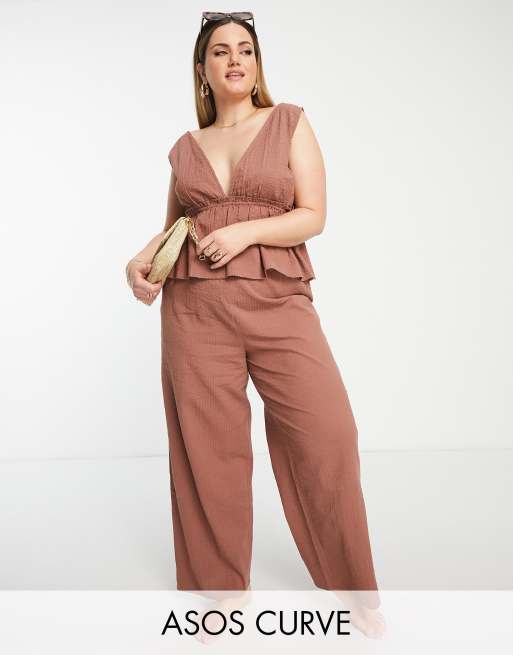 ASOS DESIGN Curve wide leg beach pants in brown seersucker - part of a set