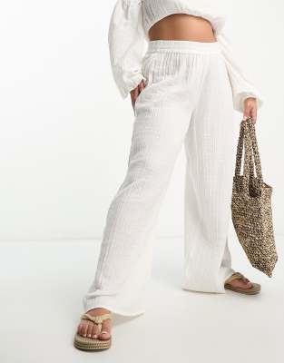 Asos Curve Asos Design Curve Wide Leg Beach Pants In Natural Gauze - Part Of A Set-white