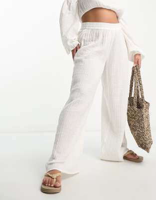 ASOS DESIGN Curve wide leg beach pants in natural gauze - part of a set-White