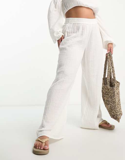 ASOS DESIGN Curve wide leg beach pants in natural gauze - part of a set