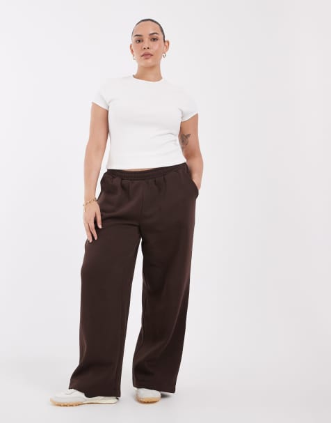 ASOS DESIGN Curve wide leg brushback jogger in brown - view 1