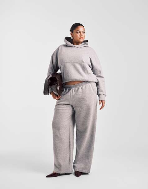 ASOS DESIGN Curve wide leg brushback jogger in grey marl - view 1