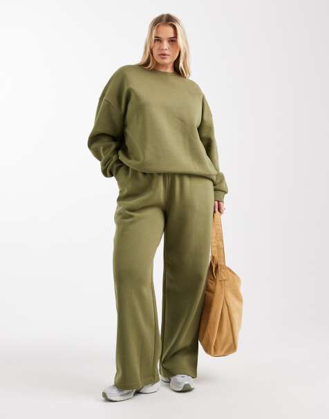 ASOS DESIGN Curve wide leg brushback jogger in khaki - view 1