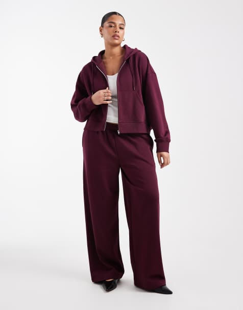 ASOS DESIGN Curve wide leg brushback jogger in plum - view 1