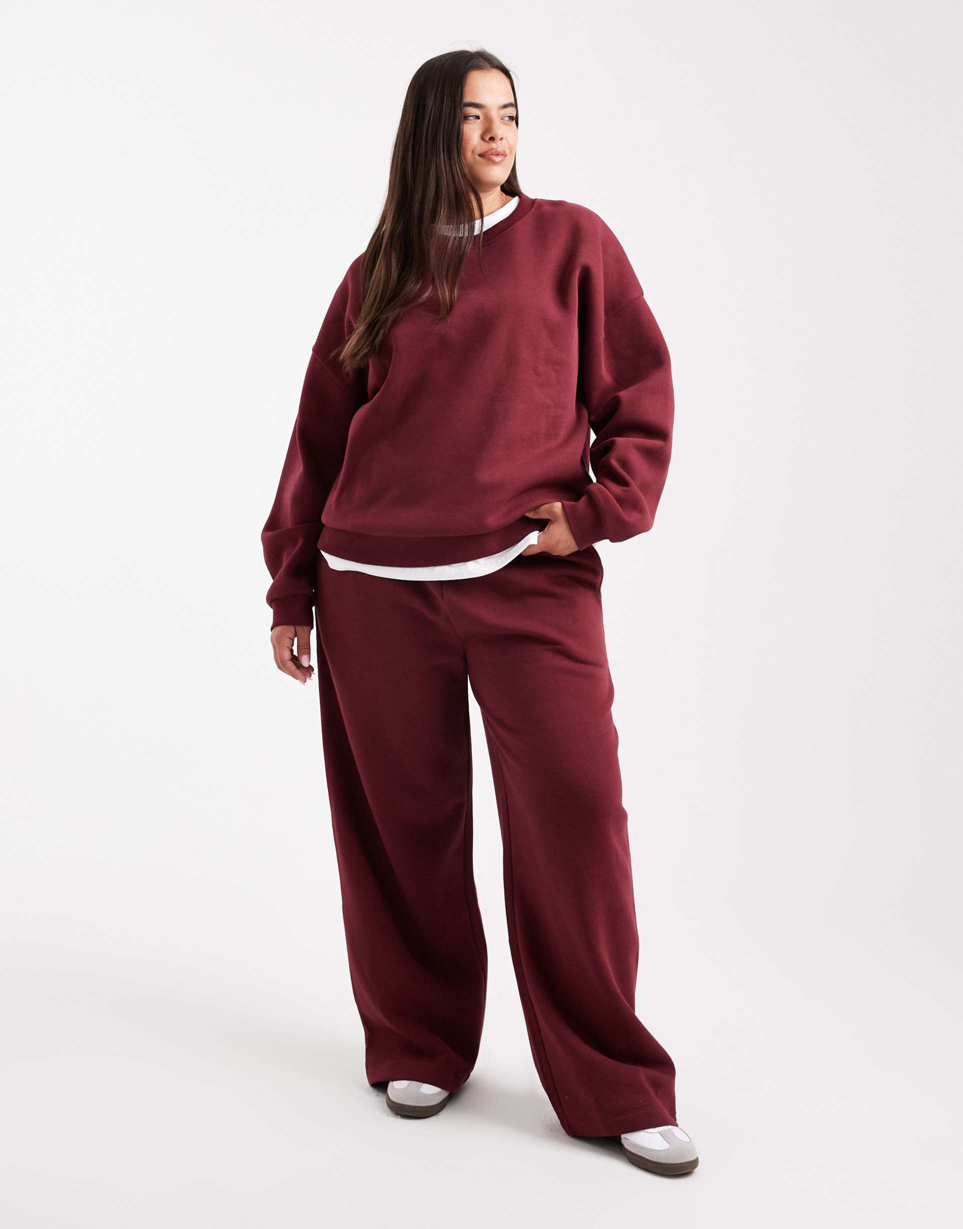 asos design curve wide leg brushback sweatpants in burgundy