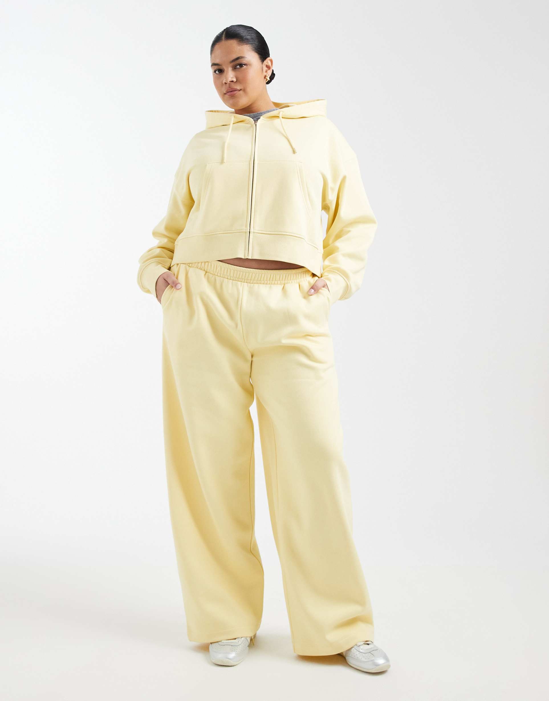 asos design curve wide leg brushback sweatpants in yellow