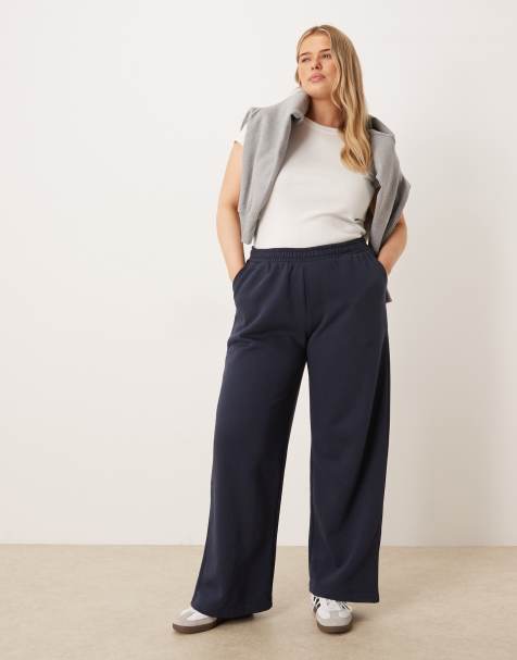 ASOS DESIGN Curve wide leg brushback Trackies in navy - view 1