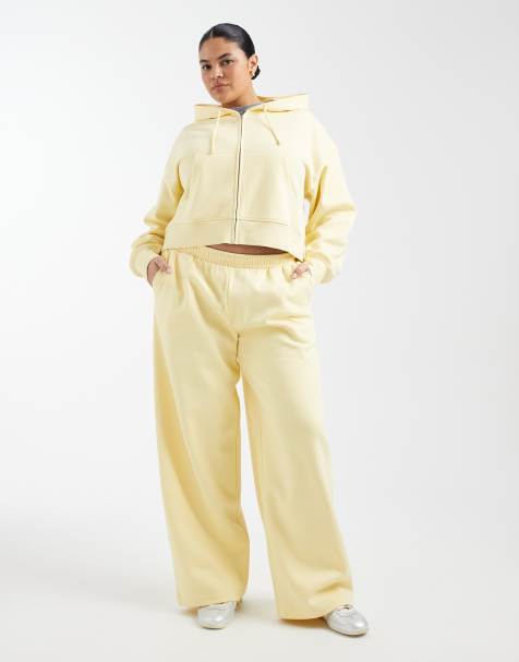 ASOS DESIGN Curve wide leg brushback trackies in yellow - view 1
